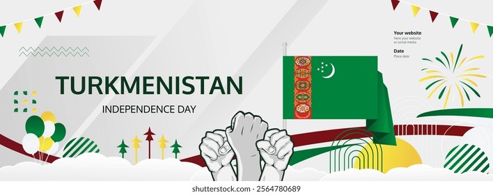 Turkmenistan National Day greeting banner. September 27 is celebrated as Turkmenistan Independence Day annually. Modern template with flag and raised fist. Holidays illustration concept.