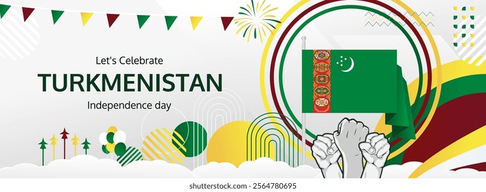 Turkmenistan National Day greeting banner. September 27 is celebrated as Turkmenistan Independence Day annually. Modern template with flag and raised fist. Holidays illustration concept.