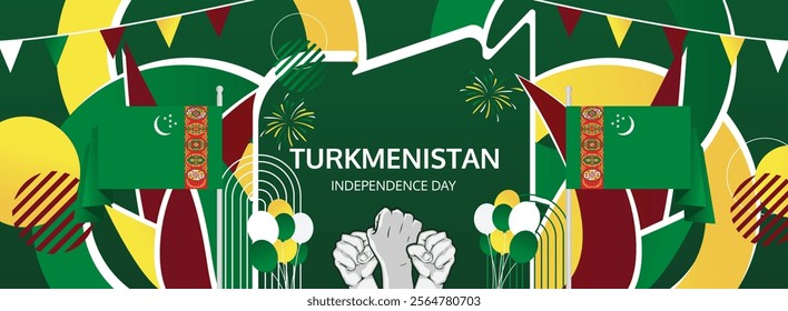 Turkmenistan National Day greeting banner. September 27 is celebrated as Turkmenistan Independence Day annually. Modern template with flag and raised fist. Holidays illustration concept.