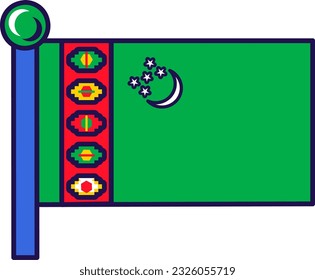 Bandera nacional de Turkmenistán en el vector de asta. Campo verde con franja roja vertical que contiene cinco gomas de alfombra, luna creciente blanca y estrellas en símbolo patriótico asiático ilustración de dibujos animados planos