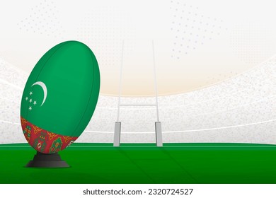 Selección nacional de Turkmenistán: pelota de rugby en estadio de rugby y puestos de gol, preparándose para un penal o patada libre. Ilustración vectorial.