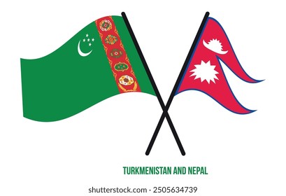 Turkmenistan and Nepal Flags Crossed And Waving Flat Style. Official Proportion. Correct Colors.