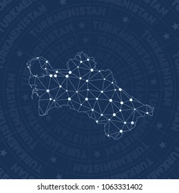 Turkmenistan network, constellation style country map. Divine space style, modern design. Turkmenistan network map for infographics or presentation.
