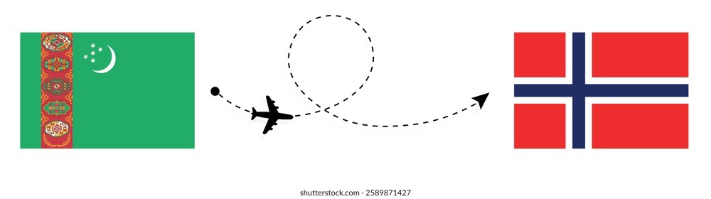 Turkmenistan to Norway Flight Travel by Air. Ashgabat to Oslo Flight Travel Concept Vector Art. Turkmenistan and Norway Flags Together.