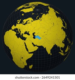 Turkmenistan on Globe. Country view on the world map in Charcoal Bright Yellow color palette. Turkmenistan shape on map. Globe with meridians, parallels, countries, rivers and lakes.