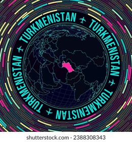 Turkmenistan on globe. Satellite view of the world centered on Turkmenistan. Bright neon style. Futuristic radial bricks background. Captivating vector illustration.