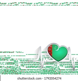Turkmenistan Patriotic Background. Turkmenistan flag heart shaped and heartbeat line. Vector illustration.