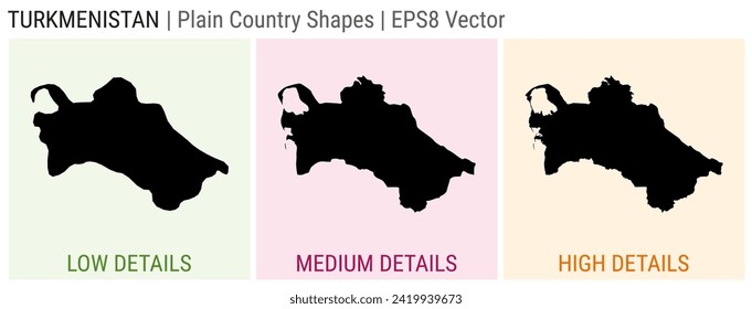 Turkmenistan - plain country shapes. Low, medium, and high detailed maps of Turkmenistan. EPS8 Vector illustration.