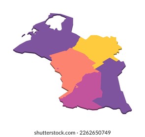 Turkmenistan political map of administrative divisions - regions and capital city district of Ashgabat. Isometric 3D blank vector map in four colors scheme.