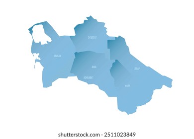 Mapa político de divisões administrativas do Turcomenistão - regiões e capital do distrito de Ashgabat. Mapa de vetor sombreado com gradiente azul semelhante a 3D e rótulos de nome