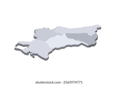 Turkmenistan political map of administrative divisions - regions and capital city district of Ashgabat. 3D isometric blank vector map in shades of grey.