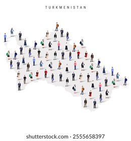 Turkmenistan population map. Large group of realistic a diverse crowd of people figures in a shape of Turkmenian map. Flat vector illustration isolated on white.