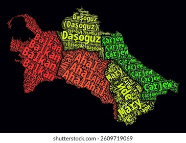 Turkmenistan Regions Word Clouds. Bright neon style design on a dark background. Region names of the country in the Turkmen language. Country shape with administrative division.