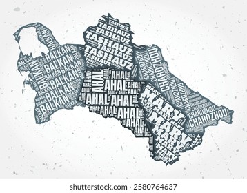 Turkmenistan regions word clouds. Country shape on textured background. Turkmenistan design in typographic style. Creative vector illustration.