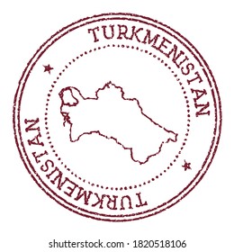 Turkmenistan round rubber stamp with country map. Vintage red passport stamp with circular text and stars, vector illustration.