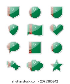 Turkmenistan - set of country flags in the form of stickers of various shapes. Vector illustration