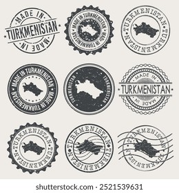 Turcomenistão Conjunto de Selos. Carimbo de Viagem. Fabricado Em Produto. Design Seals Estilo Antigo Insígnia.	