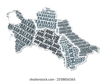 Turkmenistan shape text cloud. Country border with shadow on white background. Turkmenistan with regions division in vintage gazette style. Elegant vector illustration.