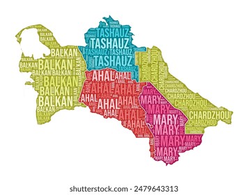 Forma Turkmenistán. Nube de palabras de Country con división regional. Ilustración de Turkmenistán. Nube de nombres de región. Ilustración vectorial.