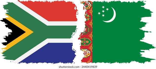 Turkmenistan and South Africa grunge flags connection, vector