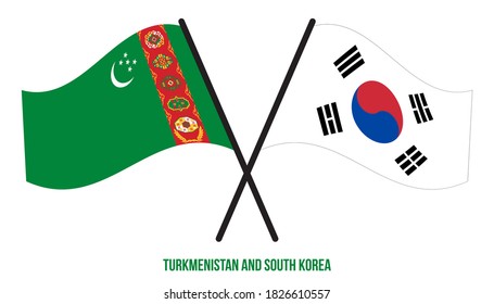 Turkmenistan and South Korea Flags Crossed And Waving Flat Style. Official Proportion. Correct Colors.