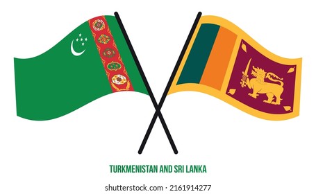 Turkmenistan and Sri Lanka Flags Crossed And Waving Flat Style. Official Proportion. Correct Colors.