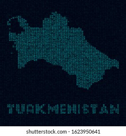 Turkmenistan tech map. Country symbol in digital style. Cyber map of Turkmenistan with country name. Captivating vector illustration.