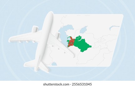 Turkmenistan Travel Illustration with Plane and National Flag. Ideal for travel agencies, promotional materials, or geographic content related to Turkmenistan.