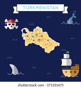 Turkmenistan treasure map in flat design. Colorful cartoon treasure map of Turkmenistan with flat design icons of pirate ship and jolly roger. Turkmenistan flat design vector illustration.