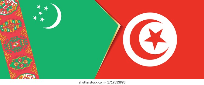 Turkmenistan and Tunisia flags, two vector flags symbol of relationship or confrontation.