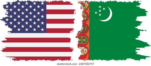 Turkmenistan and USA grunge flags connection, vector