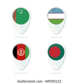 Turkmenistan, Uzbekistan, Afghanistan, Bangladesh flag location map pin icon. Turkmenistan Flag, Uzbekistan Flag, Afghanistan Flag, Bangladesh Flag. Vector Illustration.