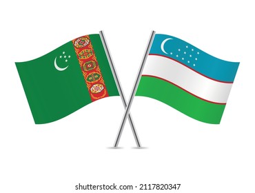 Turkmenistan and Uzbekistan crossed flags. Turkmen and Uzbek flags, isolated on white background. Vector icon set. Vector illustration. 