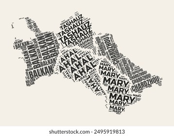 Turkmenistan Word Cloud. Country with regions division. Turkmenistan typographic text clouds vector image design. Vintage gazette style country shape image. Modern vector illustration.