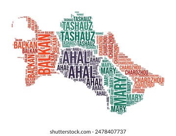 Turkmenistan word cloud in the shape of the country with region divisions. Typography style vector illustration.