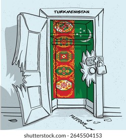 O caminho do Turquemenistão para a liberdade. Ilustração política de uma porta quebrada, mas trancada, com a bandeira nacional. Uma metáfora para luta e esperança.