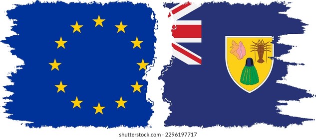 Turks and Caicos and European Union grunge flags connection, vector