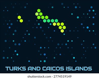 Turks and Caicos Islands hexagon dots map. Digital style shape of the island. Turks and Caicos Islands map and title. Large green colored hexagons, sparse blue dots at background. Vector Illustration.