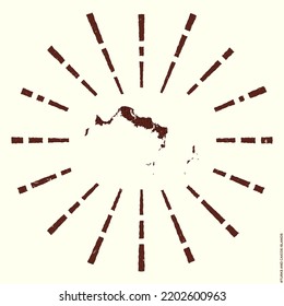 Turks and Caicos Islands Logo. Grunge sunburst poster with map of the island. Shape of Turks and Caicos Islands filled with hex digits with sunburst rays around. Powerful vector illustration.
