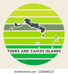 Turks and Caicos Islands logo. Sign with the map of island and colored stripes, vector illustration. Can be used as insignia, logotype, label, sticker or badge of the Turks and Caicos Islands.