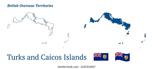 Mapa de las Islas Turcas y Caicos. Territorio británico de ultramar en el Océano Atlántico. Esbozo azul detallado y silueta. Bandera del país. Conjunto de mapas vectoriales. Todo aislado en un fondo blanco.