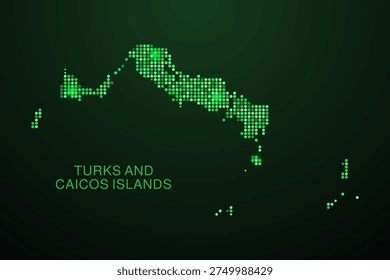 Turks and Caicos Islands Map - Digital dotted map with glowing green points on dark background, modern technology style, abstract data network design, clean minimal geometric vector illustration.