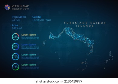 Islas Turcas y Caicos mapea la plantilla de vectores de infografía con el concepto de malla geométrica abstracta de luz poligonal sobre fondo azul. Plantilla para diagrama, gráfico, presentación y gráfico.