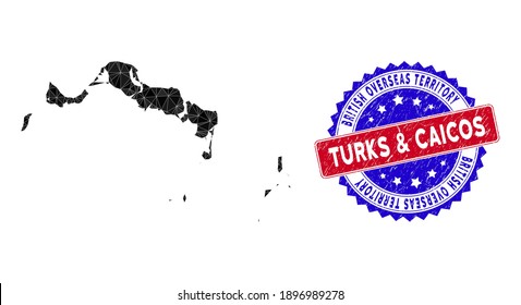 Turks and Caicos Islands map polygonal mesh with filled triangles, and unclean bicolor stamp. Triangle mosaic Turks and Caicos Islands map with triangular vector model, triangles have different sizes,