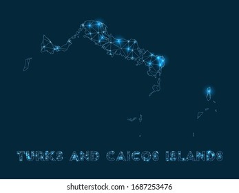 Turks and Caicos Islands network map. Abstract geometric map of the islands. Internet connections and telecommunication design. Cool vector illustration.