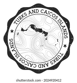 Turks and Caicos Islands outdoor stamp. Round sticker with a map of the island featuring topographic isolines. Vector illustration.
