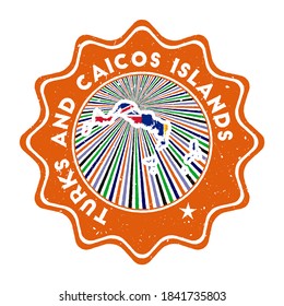 Turks and Caicos Islands round grunge stamp with island map and country flag. Vintage badge with circular text and stars, vector illustration.
