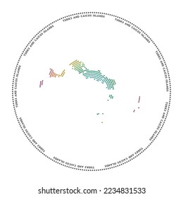 Turks and Caicos Islands round logo. Digital style shape of Turks and Caicos Islands in dotted circle with island name. Tech icon of the island with gradiented dots. Elegant vector illustration.