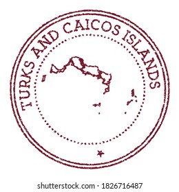 Islas Turcas y Caicos redondean el sello de caucho con el mapa de la isla. Sello de pasaporte rojo vintage con texto circular y estrellas, ilustración vectorial.