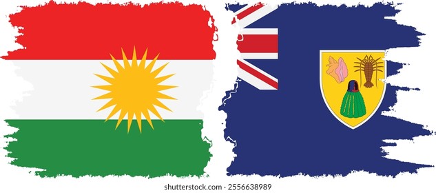 Turks and Caicos and  Kurdistan grunge flags connection, vector